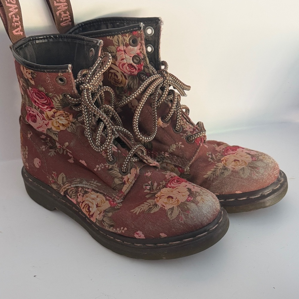 Dr. Martens Floral Combat Boots - Brown and Red